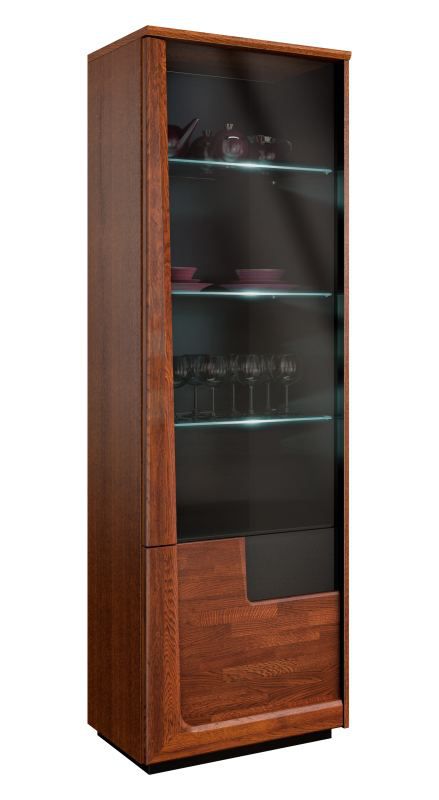 Vitrine "Lopar" 02, Farbe: Nuss / Schwarz, teilmassiv, Türanschlag Links - Abmessungen: 196 x 63 x 43 cm (H x B x T)