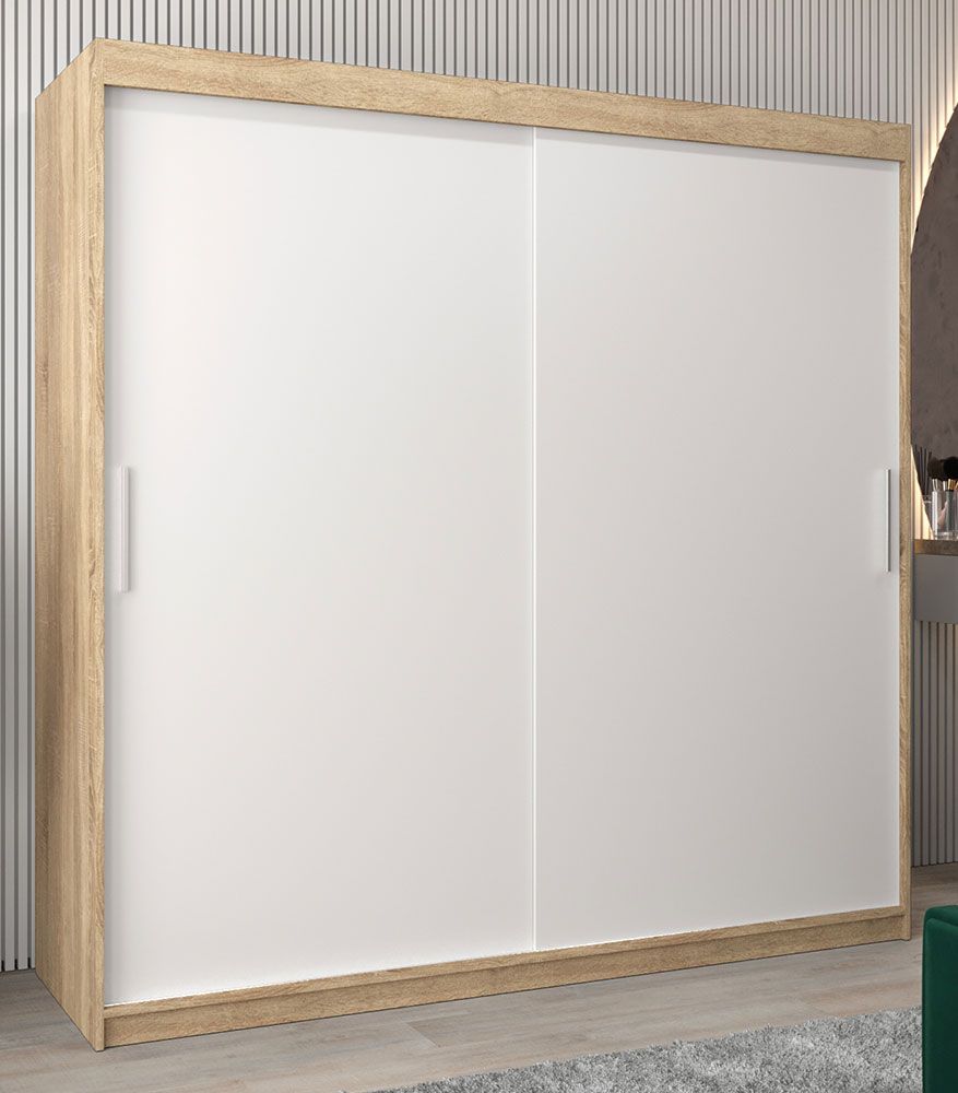 Schiebetürenschrank / Kleiderschrank Bisaurin 5A, Farbe: Eiche Sonoma / Weiß matt - Abmessungen: 200 x 200 x 62 cm ( H x B x T)