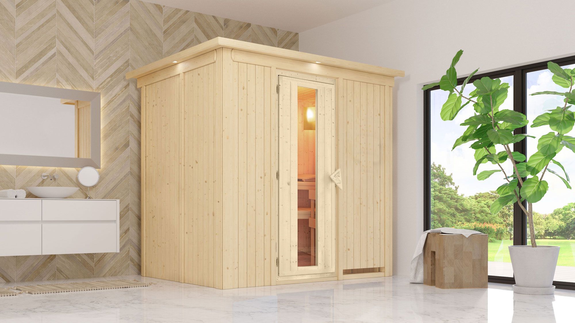 Energiesparsauna "Lillebror" SET mit Kranz - Farbe: Natur, Ofen 3,6 kW - 210 x 165 x 202 cm (B x T x H)