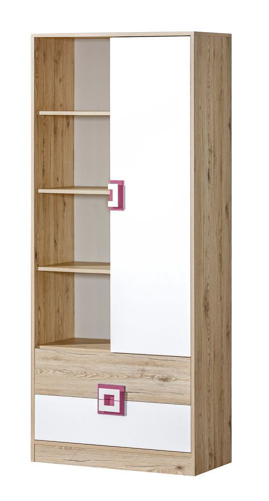 Kinderzimmer - Schrank Fabian 04, Farbe: Eiche Hellbraun / Weiß / Rosa - 190 x 80 x 40 cm (H x B x T)