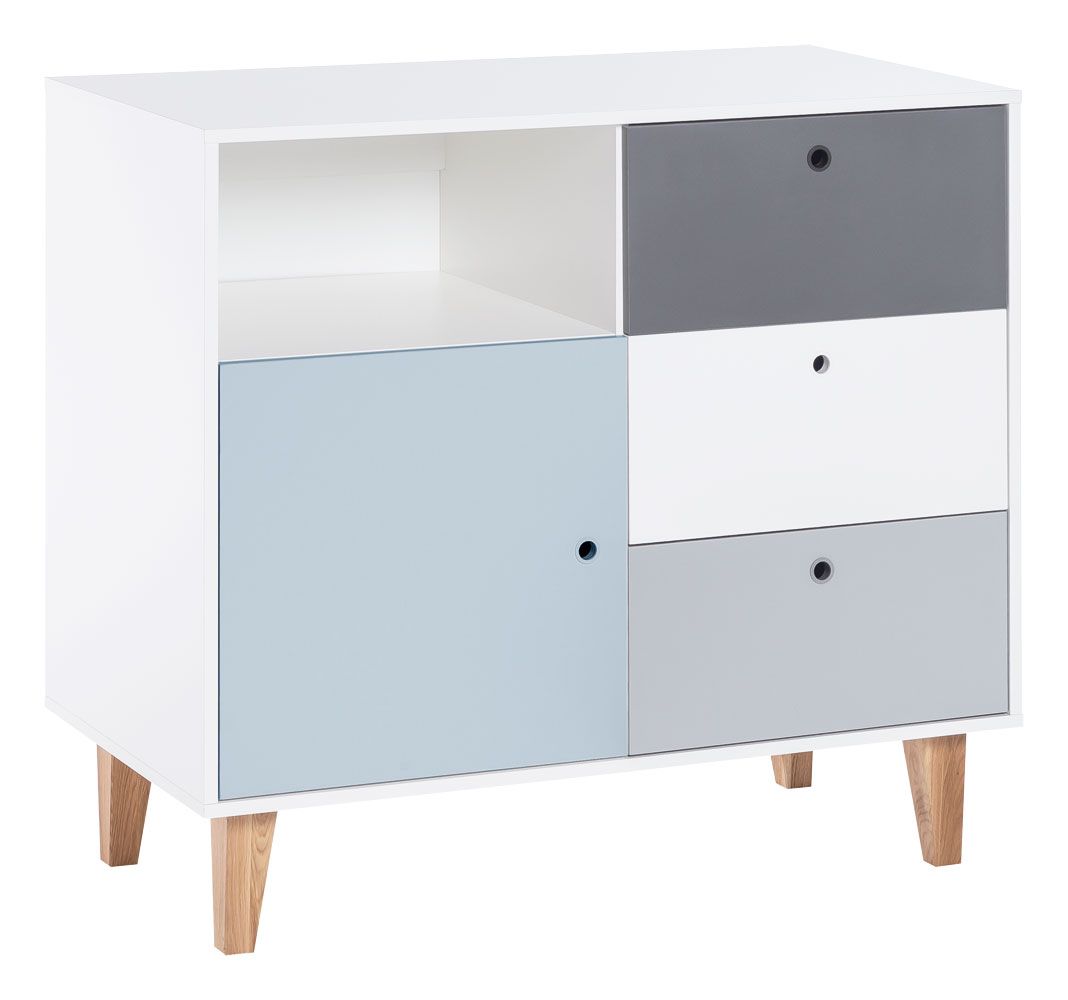 Jugendzimmer - Kommode Syrina 03, Farbe: Weiß / Grau / Blau - Abmessungen: 97 x 104 x 55 cm (H x B x T)