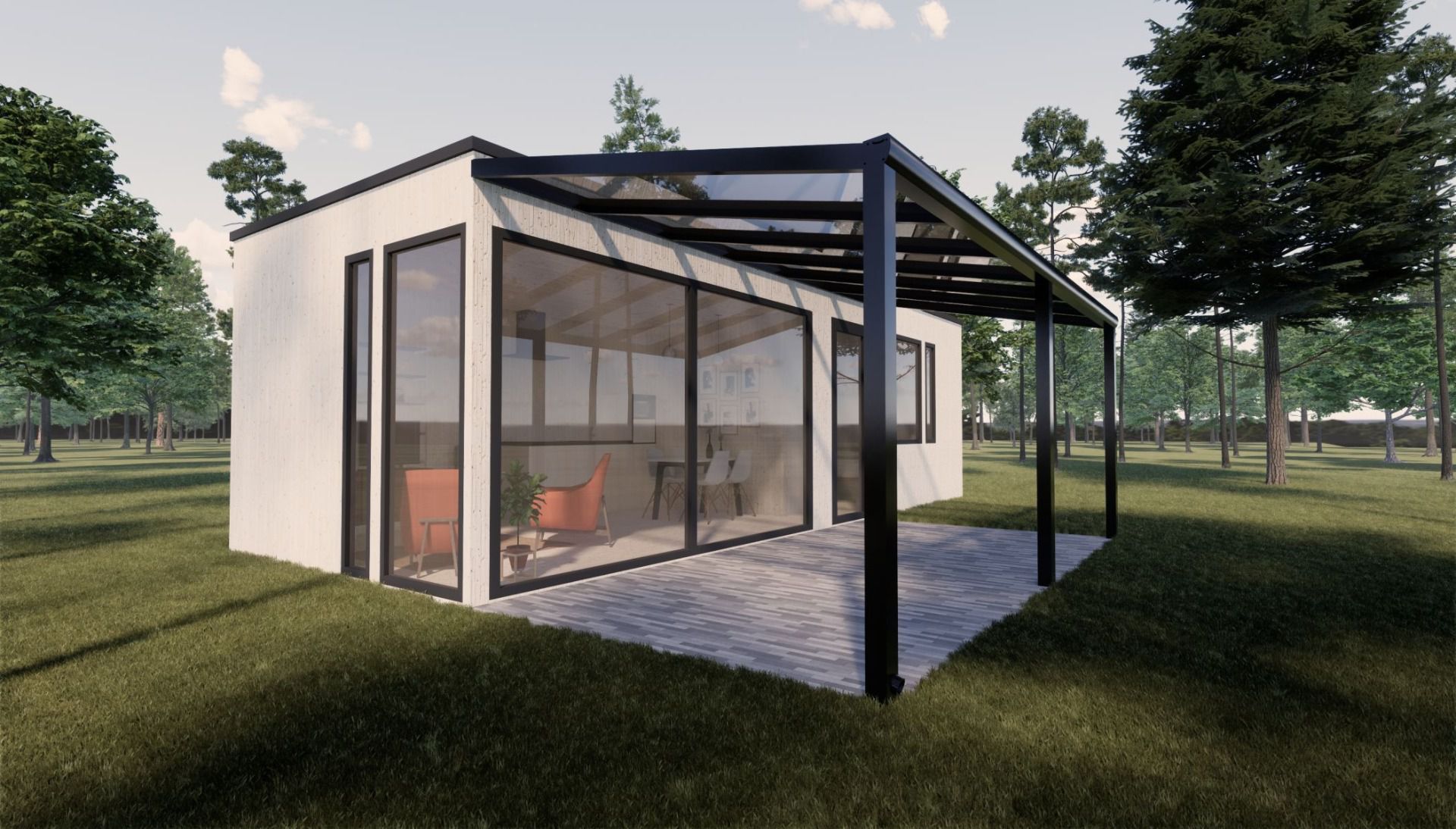 Terrassenüberdachung L 04, Dach: 16 mm Polycarbonat klar, 21,32 m², 350 x 609 cm, mit drei Säulen, besonders langlebige Aluminiumkonstruktion