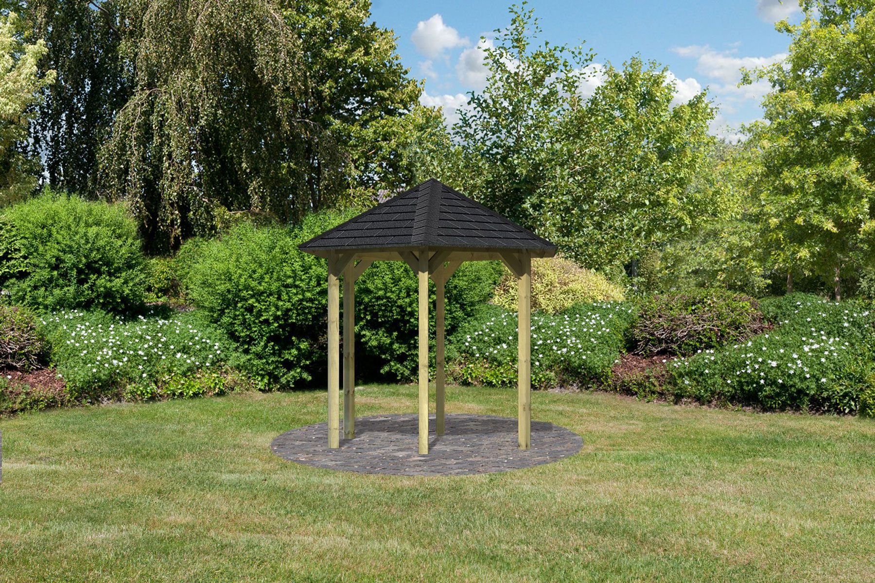 Sechseckiges Pavillon SET mit schwarzen Schindeln, Farbe: Natur KDI, Außenmaß 235 cm x 208 cm