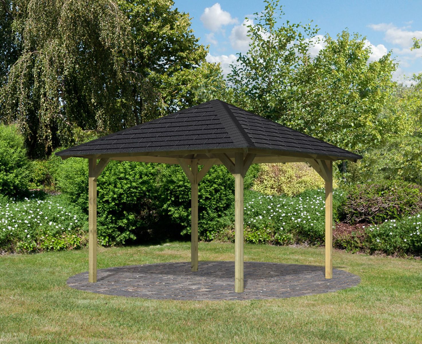 Quadratischer Pavillon SET inkl. schwarzen Schindeln, Farbe: Natur KDI, Grundfläche 7.3 m²