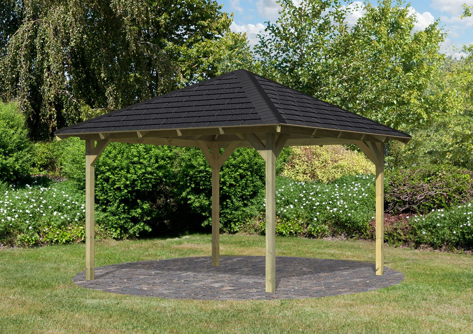 Quadratischer Pavillon SET mit schwarzen Schindeln, Farbe: Natur KDI, Grundfläche 8,8 m²