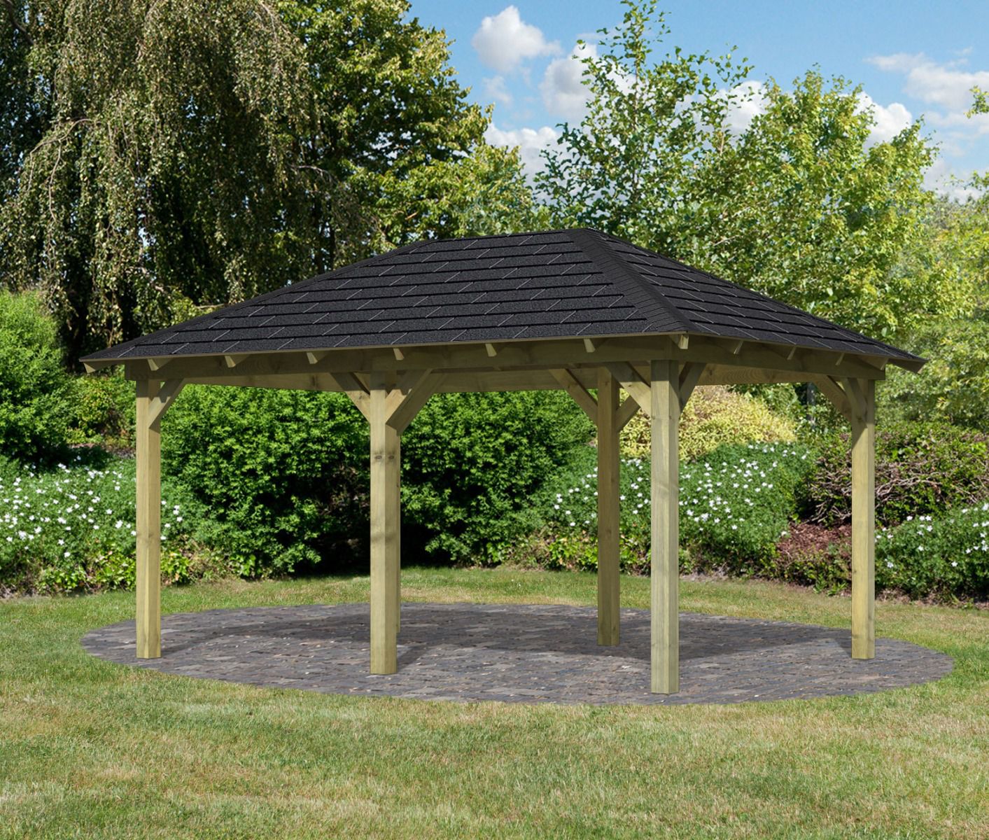 Rechteckiger Pavillon SET mit schwarzen Schindeln, Farbe: Natur KDI, Grundfläche 11,13 m²