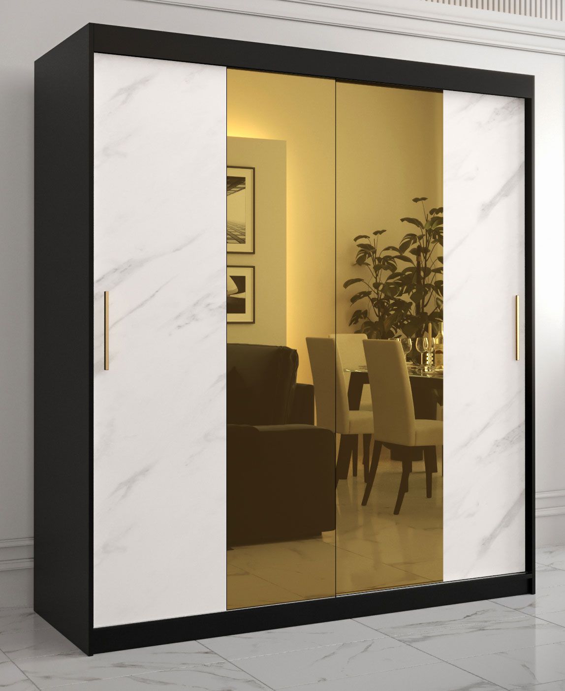 Eleganter Kleiderschrank mit Marmor Optik Hochfeiler 38, Farbe: Schwarz / Weißer Marmor - Abmessungen: 200 x 180 x 62 cm (H x B x T), mit 10 Fächern und zwei Spiegel