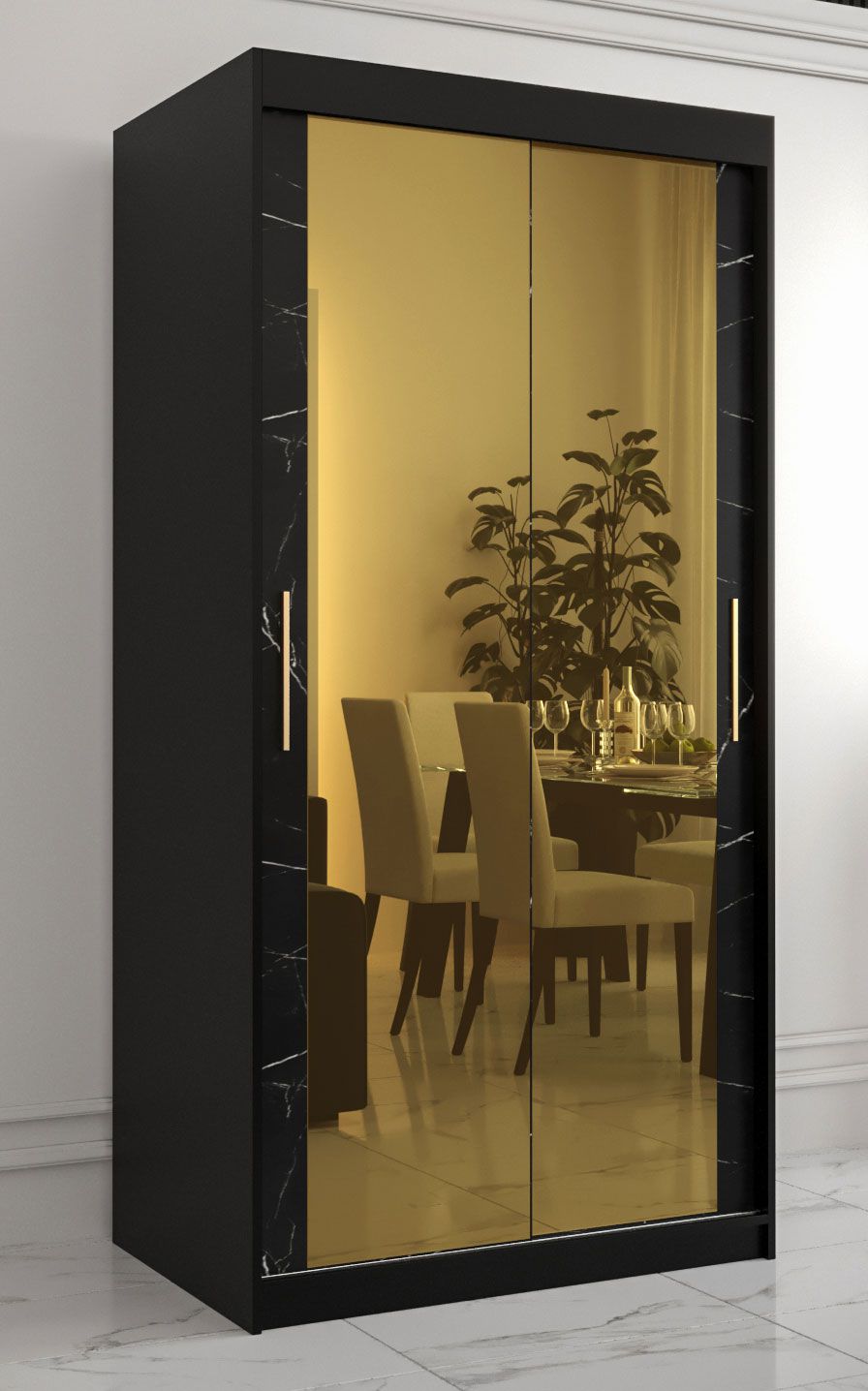 Kleiderschrank mit zwei Spiegeltüren Hochfeiler 76, Farbe: Schwarz / Schwarzer Marmor - Abmessungen: 200 x 100 x 62 cm (H x B x T), mit fünf Fächern