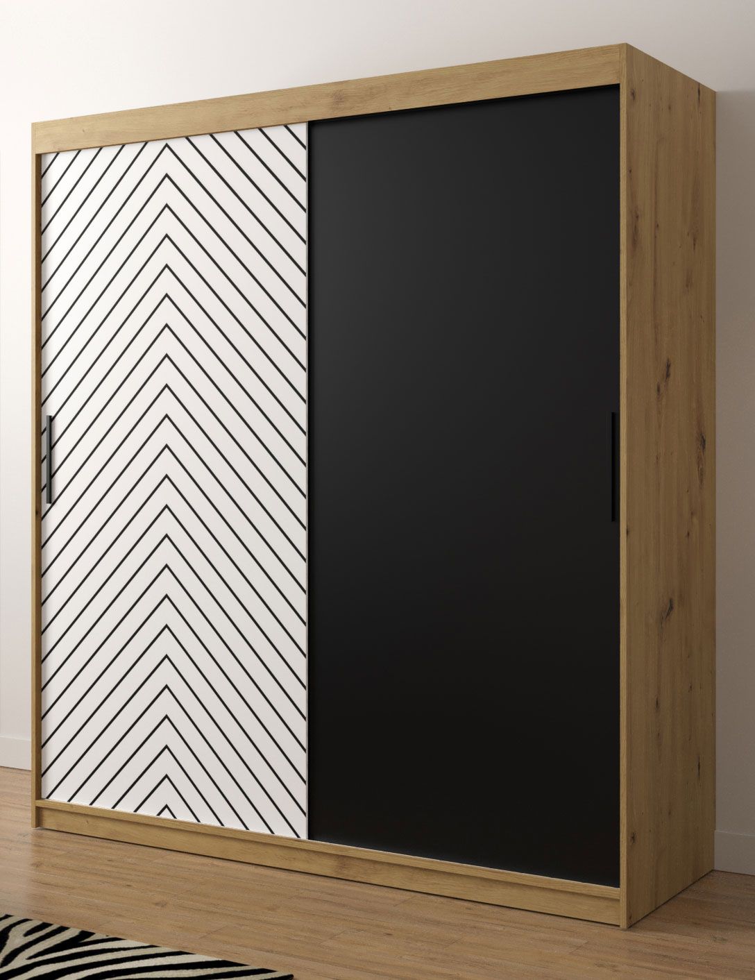 Großer Kleiderschrank mit viel Stauraum Mulhacen 20, Farbe: Eiche Artisan / Weiß matt / Schwarz matt - Abmessungen: 200 x 180 x 62 cm (H x B x T)