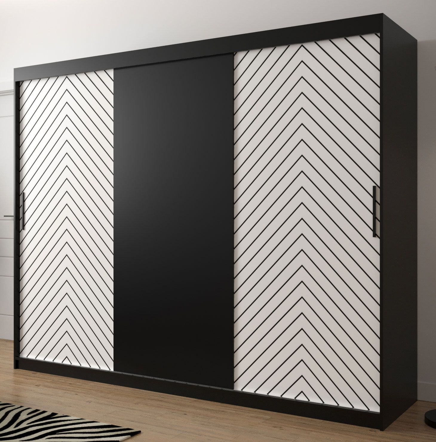 Kleiderschrank mit modernen Design Mulhacen 36, Farben: Schwarz matt / Weiß matt - Abmessungen: 200 x 250 x 62 cm (H x B x T), mit 10 Fächern