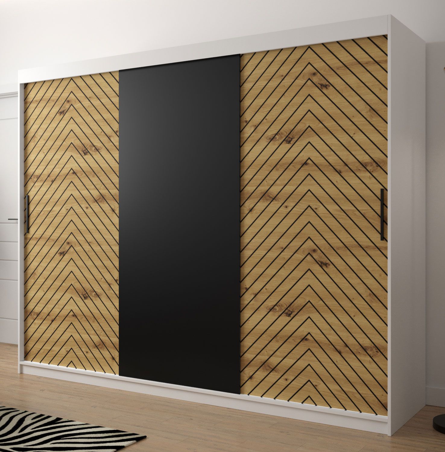 Moderner Kleiderschrank Mulhacen 33, Farbe: Weiß matt / Eiche Artisan / Schwarz matt - Abmessungen: 200 x 250 x 62 cm (H x B x T), mit fünf Fächern