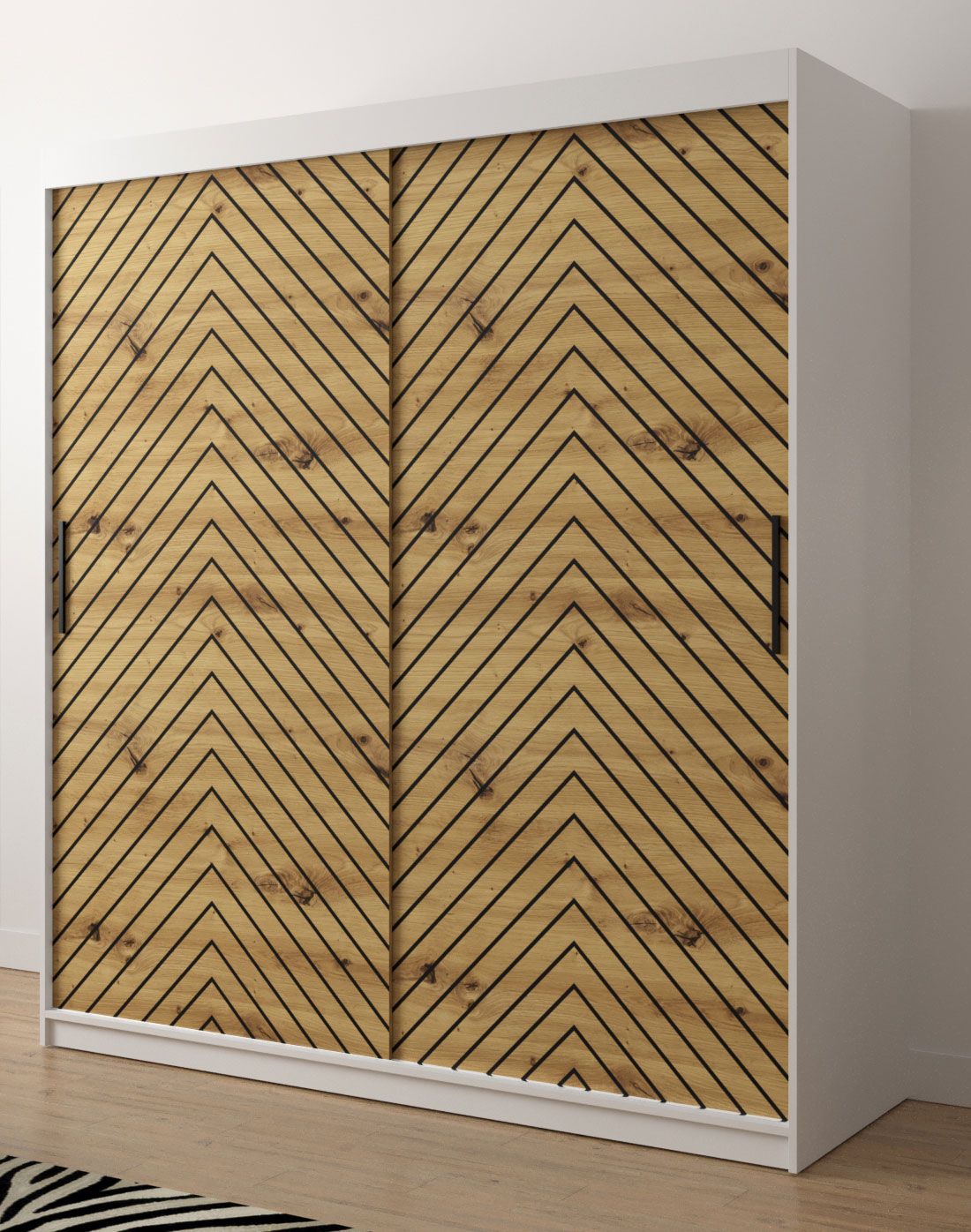 Kleiderschrank mit genügend Stauraum Mulhacen 57, Farben: Weiß matt / Eiche Artisan / Schwarz matt - Abmessungen: 200 x 180 x 62 cm (H x B x T), mit 10 Fächern