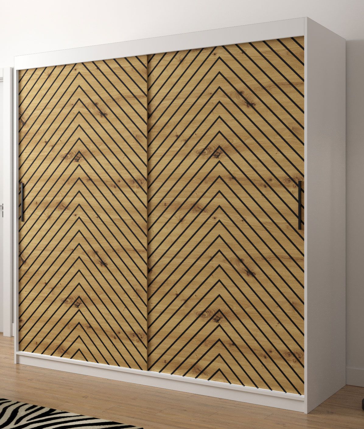 Kleiderschrank mit eleganten Design Mulhacen 63, Farbe: Weiß matt / Eiche Artisan / Schwarz matt - Abmessungen: 200 x 200 x 62 cm (H x B x T), mit genügend Stauraum