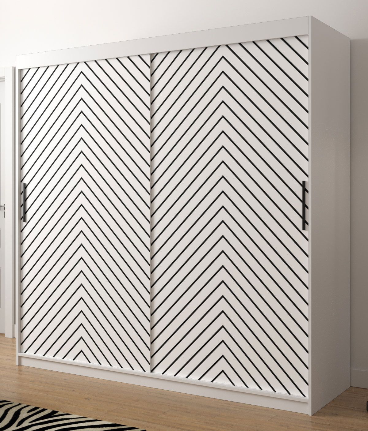 Eleganter Kleiderschrank Mulhacen 64, Farbe: Weiß matt / Schwarz matt - Abmessungen: 200 x 200 x 62 cm (H x B x T), mit 10 Fächern und zwei Kleiderstangen