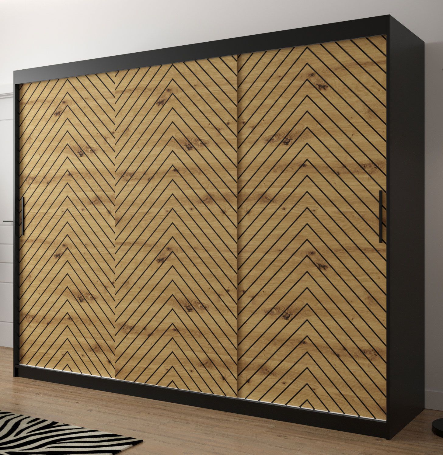 Außergewöhnlicher Kleiderschrank mit genügend Stauraum Mulhacen 71, Farbe: Schwarz matt / Eiche Artisan - Abmessungen: 200 x 250 x 62 cm (H x B x T), mit 10 Fächern und zwei Kleiderstangen