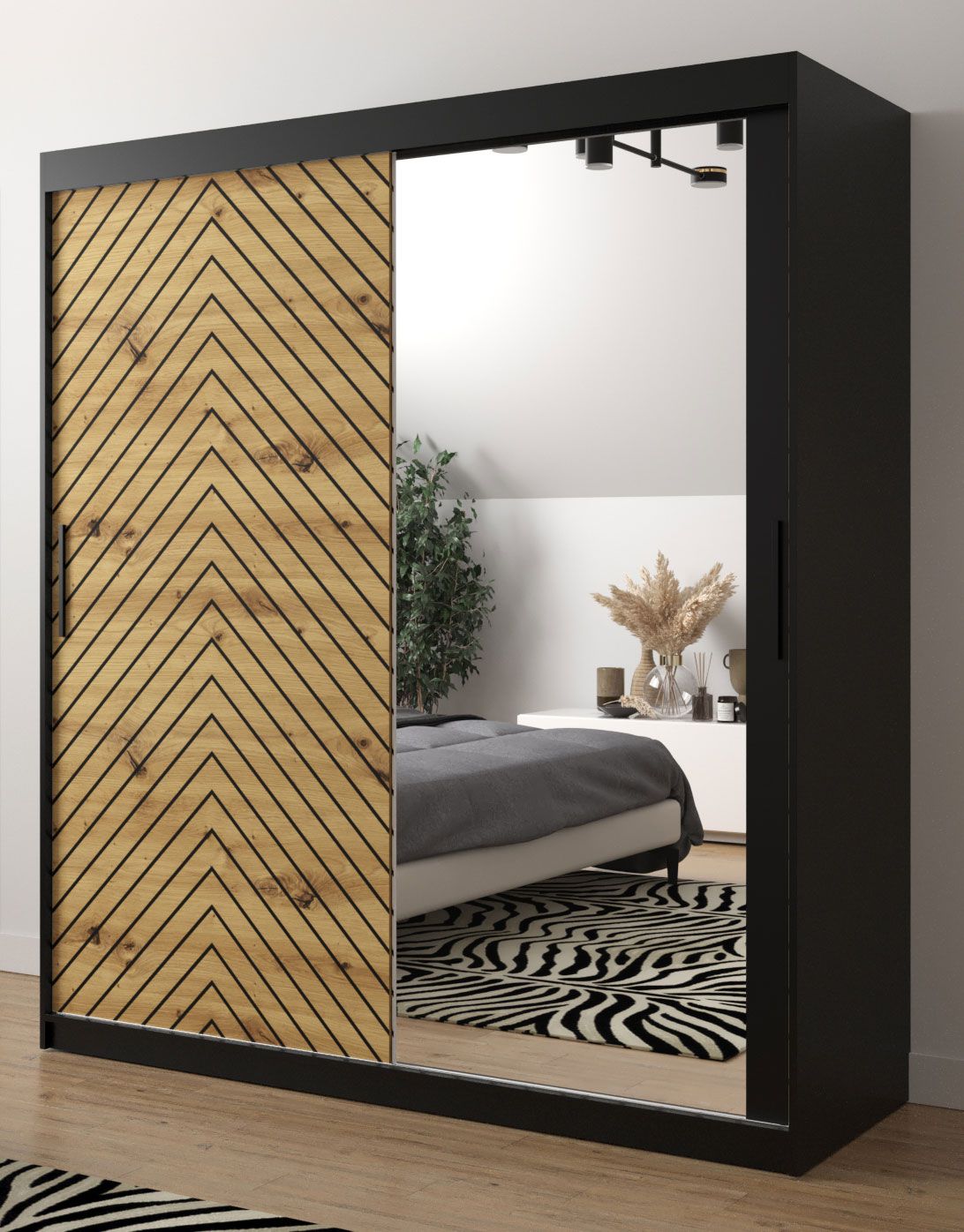 Kleiderschrank im modernen Stil Mulhacen 96, Farbe: Schwarz matt / Weiß matt - Abmessungen: 200 x 180 x 62 cm (H x B x T), mit 10 Fächern und zwei Kleiderstangen