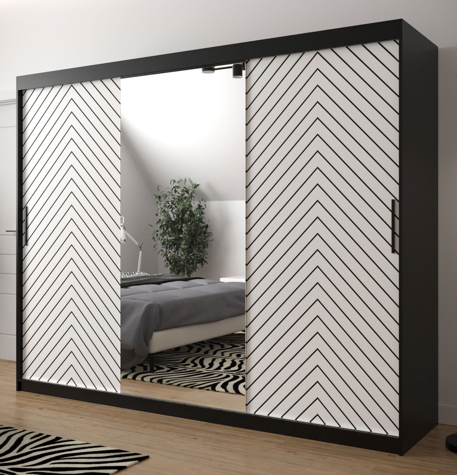 Großer Kleiderschrank mit modernen Design Mulhacen 108, Farbe: Schwarz matt / Weiß matt - Abmessungen: 200 x 250 x 62 cm (H x B x T), mit 10 Fächern und zwei Kleiderstangen