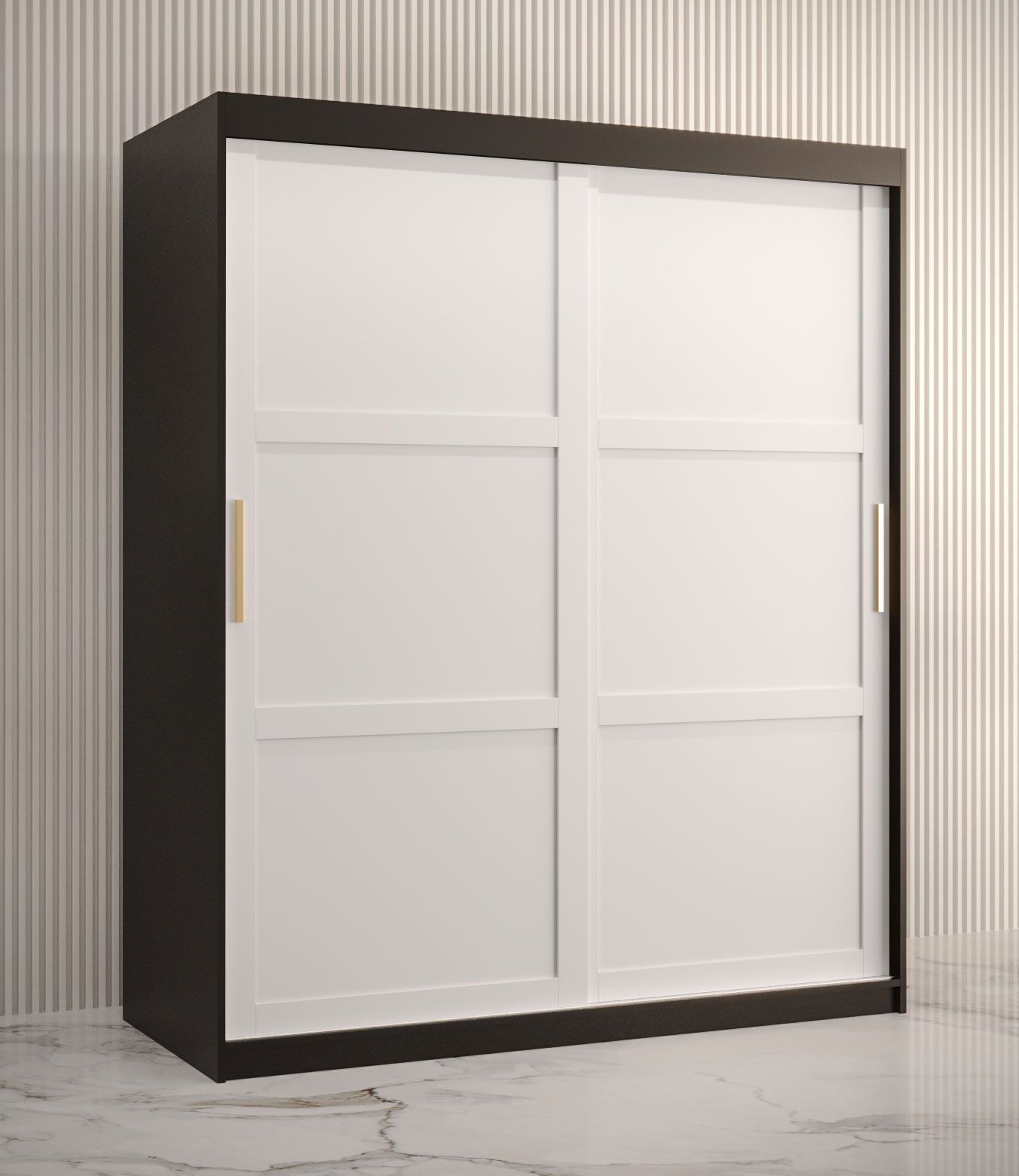 Stylischer Kleiderschrank mit genügend Stauraum Liskamm 11, Farbe: Schwarz matt / Weiß matt - Abmessungen: 200 x 150 x 62 cm (H x B x T), mit fünf Fächern und zwei Kleiderstangen