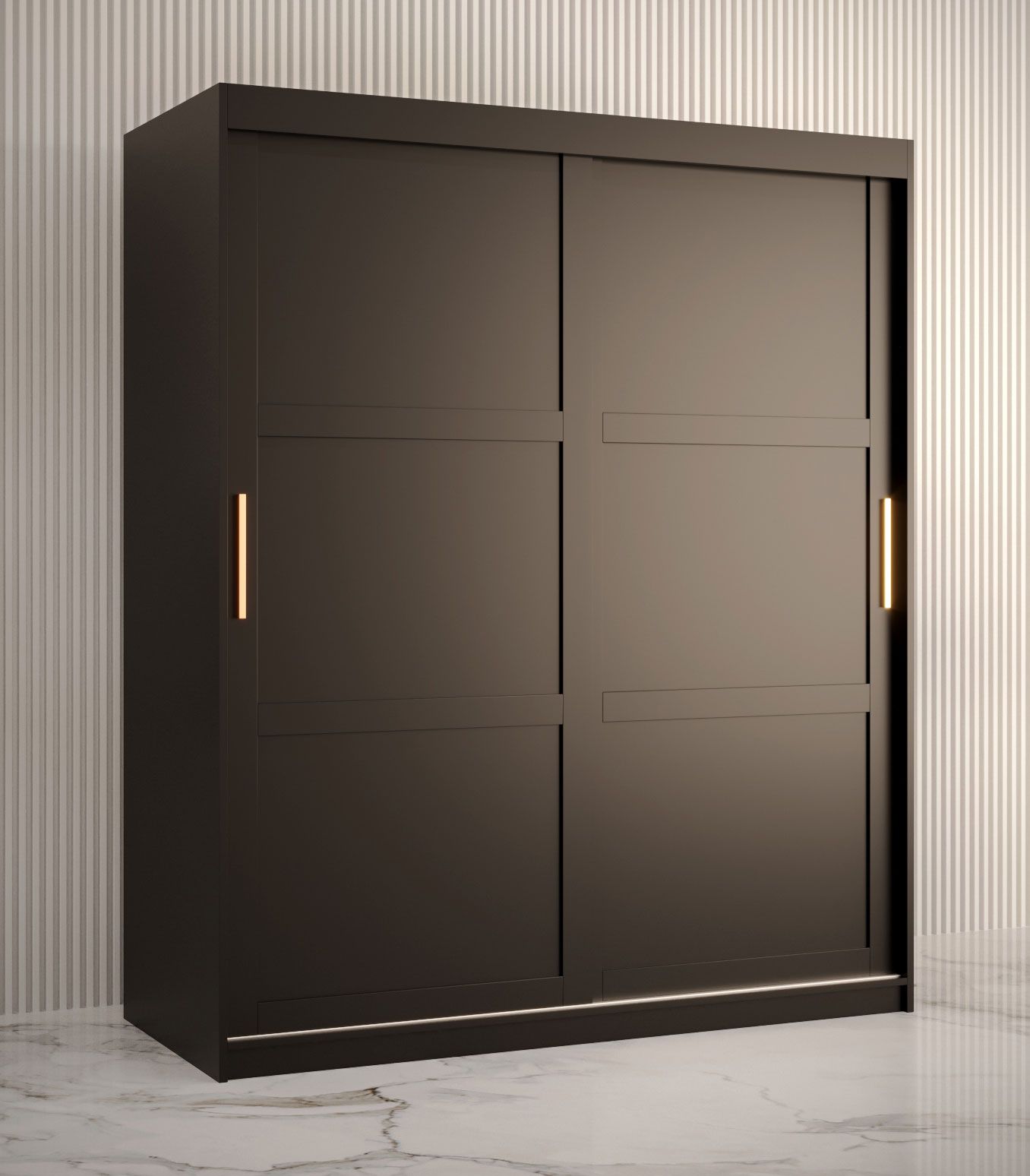 Neutraler Kleiderschrank mit fünf Fächern Liskamm 12, Farbe: Schwarz matt - Abmessungen: 200 x 150 x 62 cm (H x B x T), mit genügend Stauraum