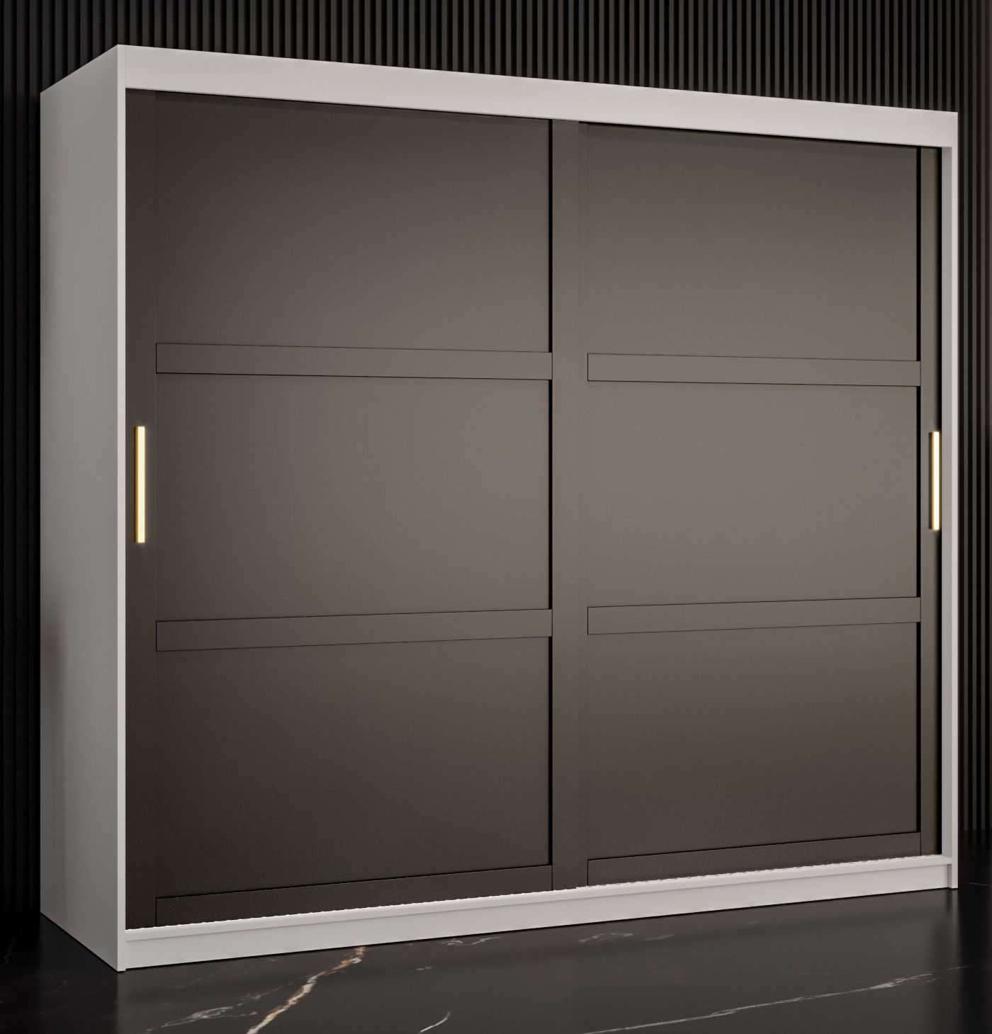 Stylischer Kleiderschrank Liskamm 18, Farbe: Weiß matt / Schwarz matt - Abmessungen: 200 x 200 x 62 cm (H x B x T), mit 10 Fächern und zwei Kleiderstangen