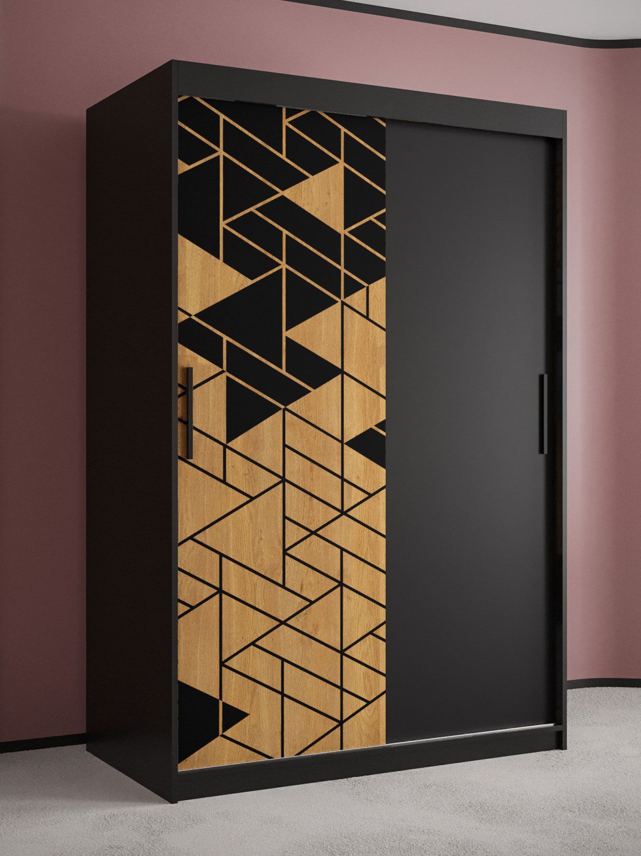 Stylischer Kleiderschrank mit modernen Muster Finsteraarhorn 02, Farbe: Schwarz matt - Abmessungen: 200 x 120 x 62 cm (H x B x T), mit fünf Fächern und zwei Kleiderstangen