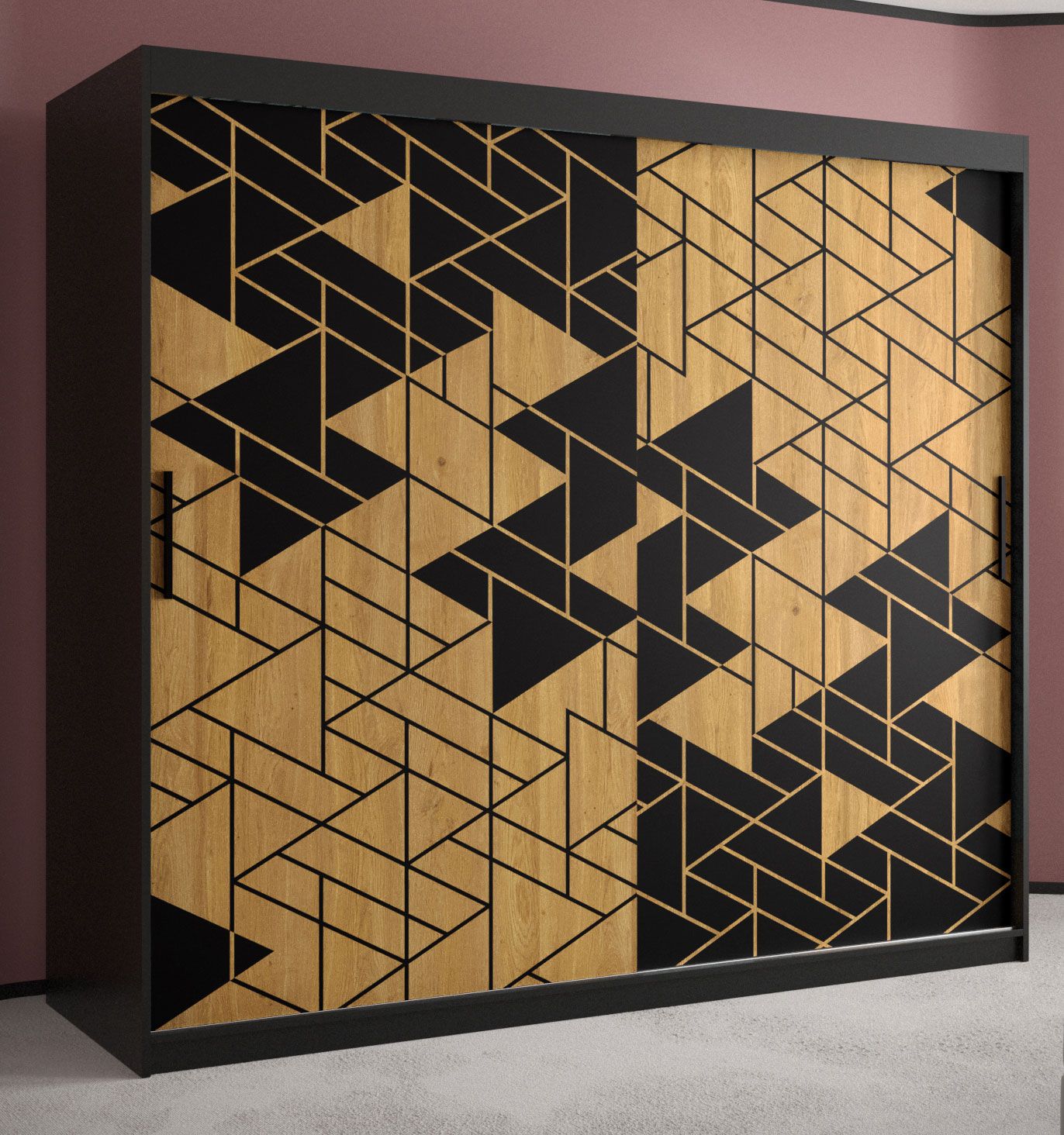 Kleiderschrank mit modernen Muster Finsteraarhorn 11, Farbe: Schwarz matt - Abmessungen: 200 x 200 x 62 cm (H x B x T), mit zwei Kleiderstangen