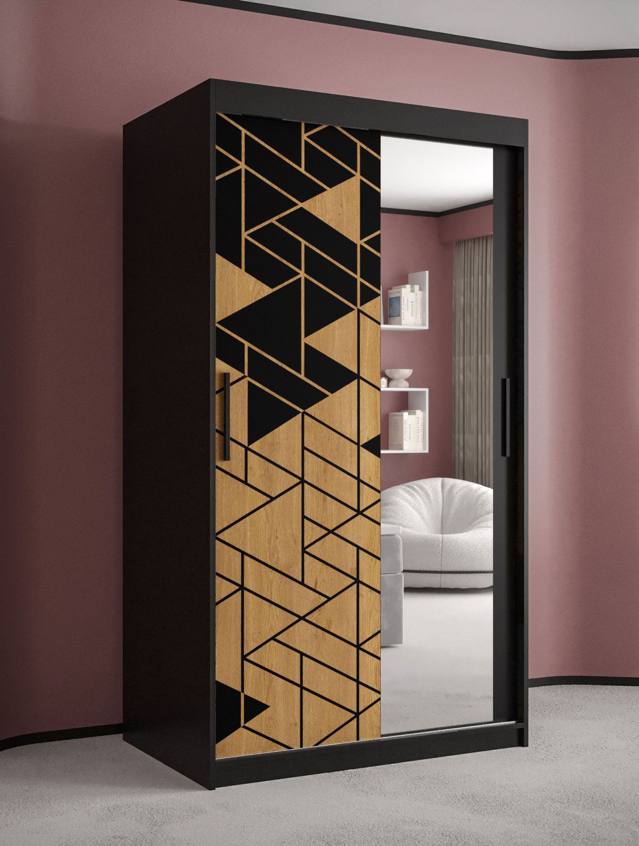 Schmaler Kleiderschrank mit einer Spiegeltür Finsteraarhorn 13, Farbe: Schwarz matt - Abmessungen: 200 x 100 x 62 cm (H x B x T), mit modernen Design