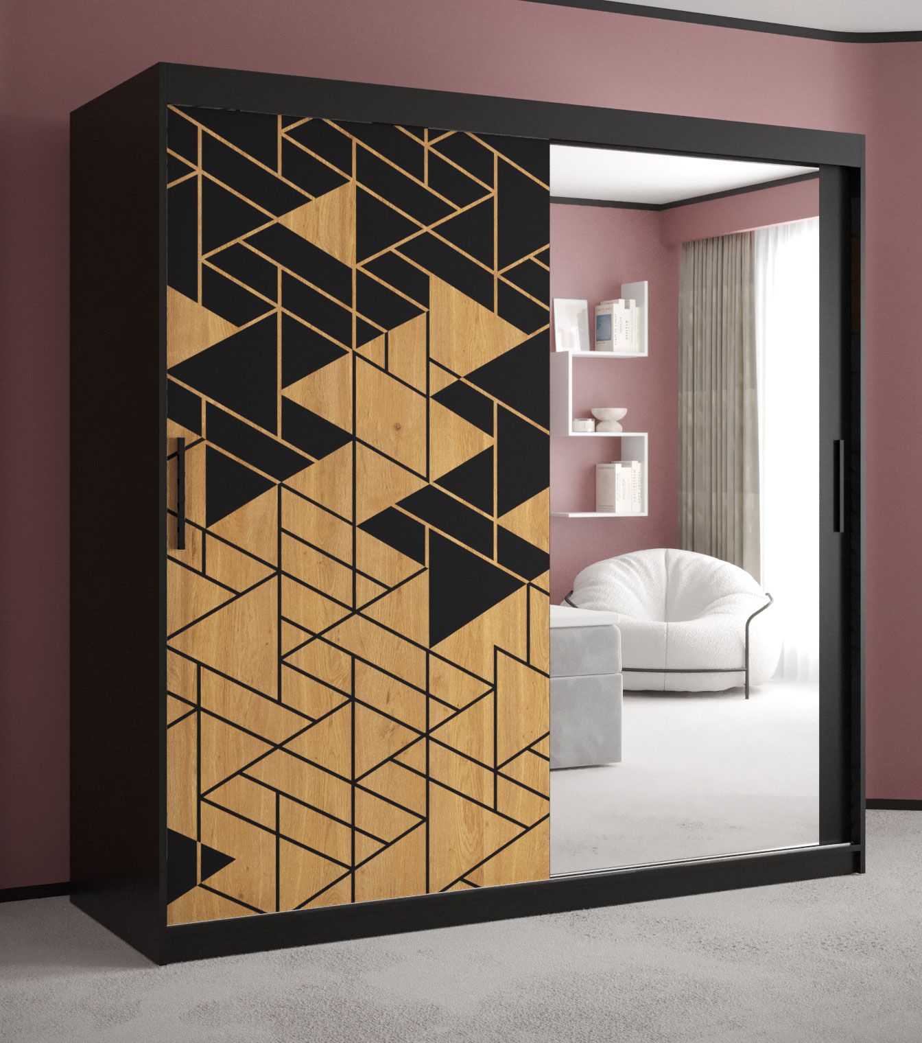 Moderner Kleiderschrank mit einer Spiegeltür Finsteraarhorn 16, Farbe: Schwarz matt - Abmessungen: 200 x 180 x 62 cm (H x B x T), mit genügend Stauraum