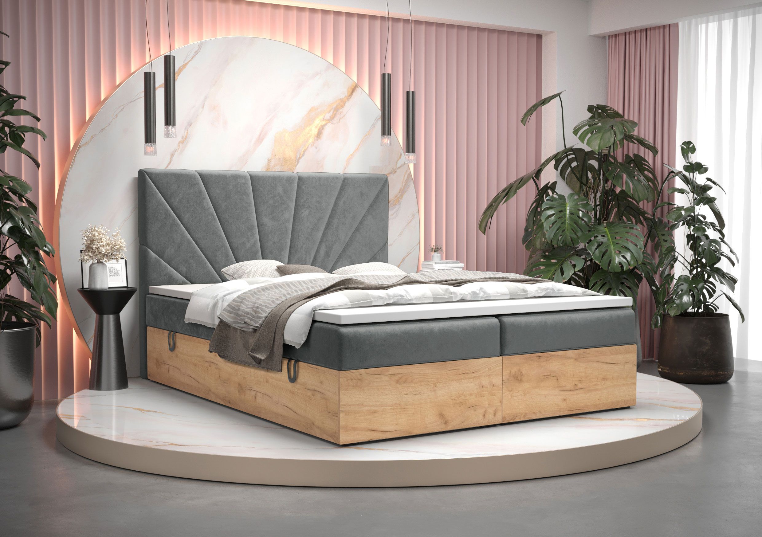 Boxspringbett im modernen Design Pilio 19, Farbe: Grau / Eiche Golden Craft - Liegefläche: 140 x 200 cm (B x L)