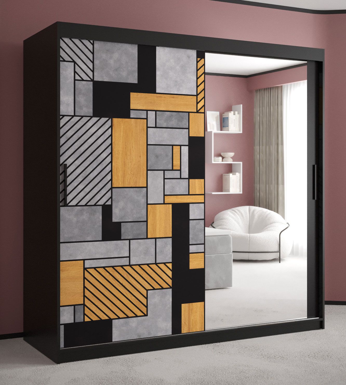 Kleiderschrank mit modernen Design Aletschhorn 16, Farbe: Schwarz matt - Abmessungen: 200 x 180 x 62 cm (H x B x T), mit einer Spiegeltür