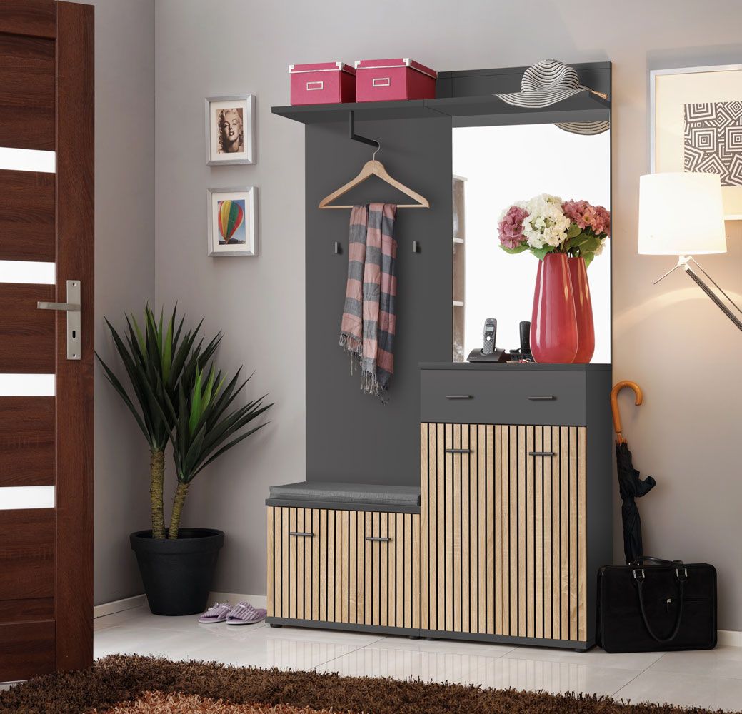 Moderne Garderobe Ringerike 04, Farbe: Anthrazit / Eiche Artisan - Abmessungen: 203 x 120 x 32 cm (H x B x T), mit Sitzkissen