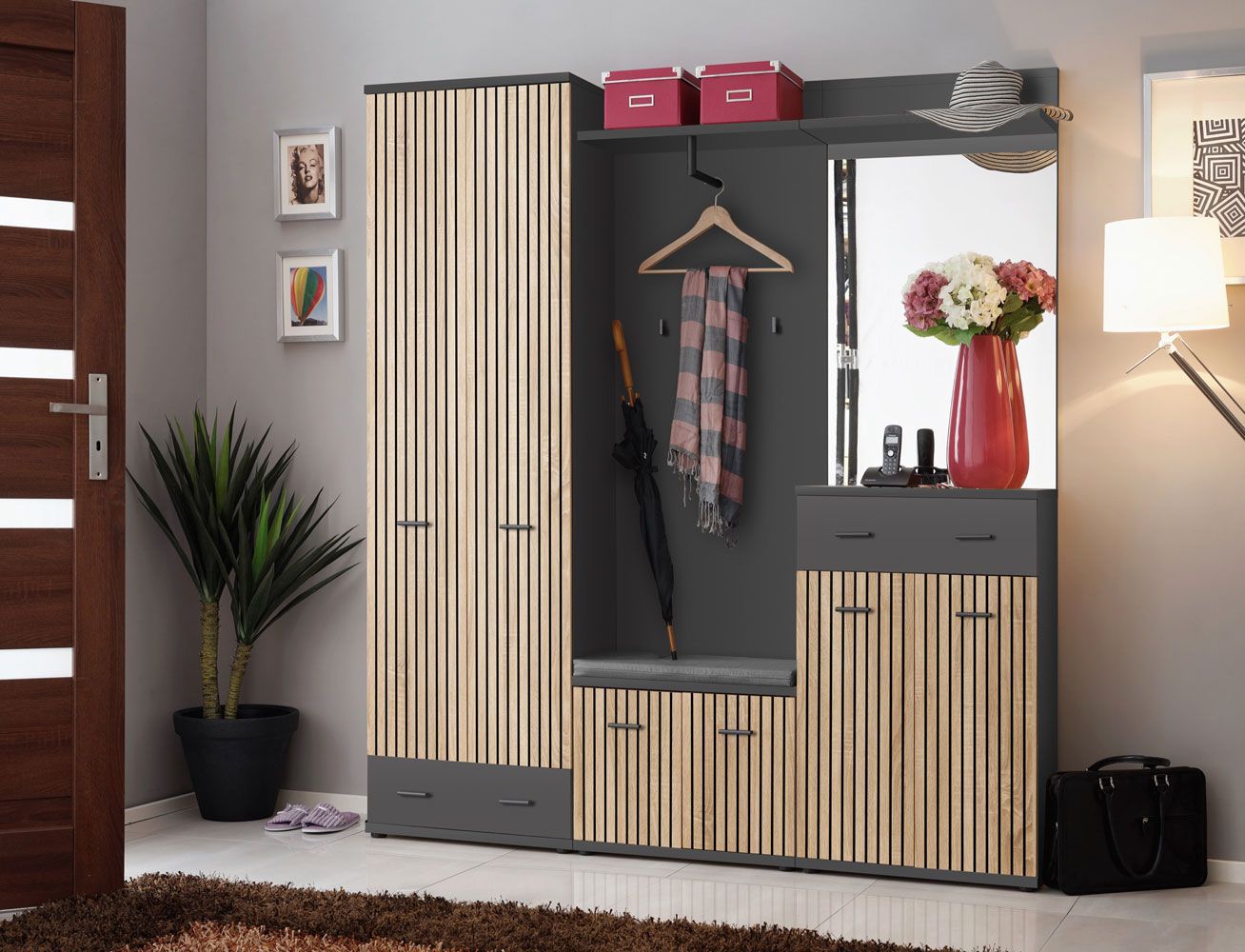 Moderne Garderobe Ringerike 06, Farbe: Anthrazit / Eiche Artisan - Abmessungen: 203 x 180 x 32 cm (H x B x T), mit Sitzkissen