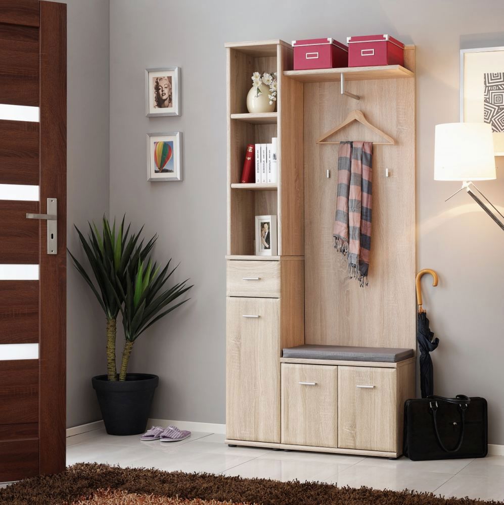 Helle Garderobe Bratteli 01, Farbe: Eiche Sonoma - Abmessungen: 203 x 90 x 32 cm (H x B x T), mit zwei Haken