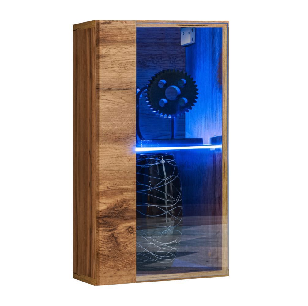 Moderne Hängevitrine mit zwei Fächern Möllen 12, Farbe: Eiche Wotan - Abmessungen: 60 x 30 x 25 cm (H x B x T), mit LED-Beleuchtung