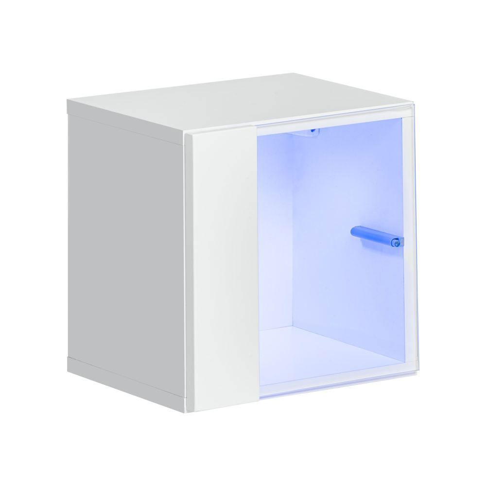 Schlichte Hängevitrine mit blauer LED-Beleuchtung Möllen 13, Farbe: Weiß - Abmessungen: 30 x 30 x 25 cm (H x B x T), mit Push-to-open Funktion