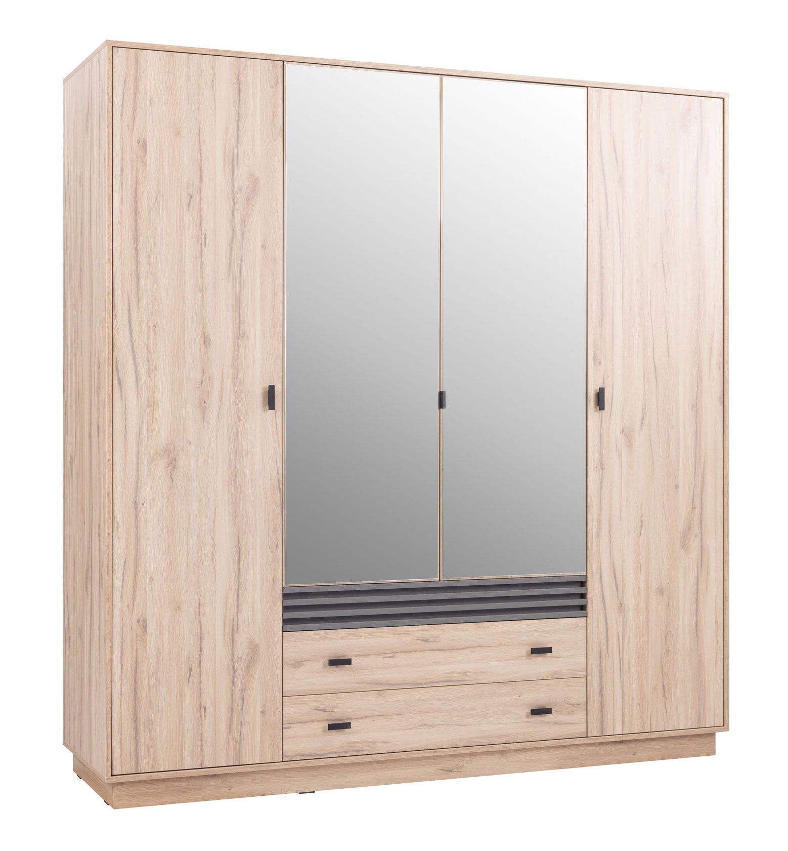 Kleiderschrank mit vier Türen Niel 16, Farbe: Eiche / Anthrazit - Abmessungen: 210 x 200 x 56 cm (H x B x T)