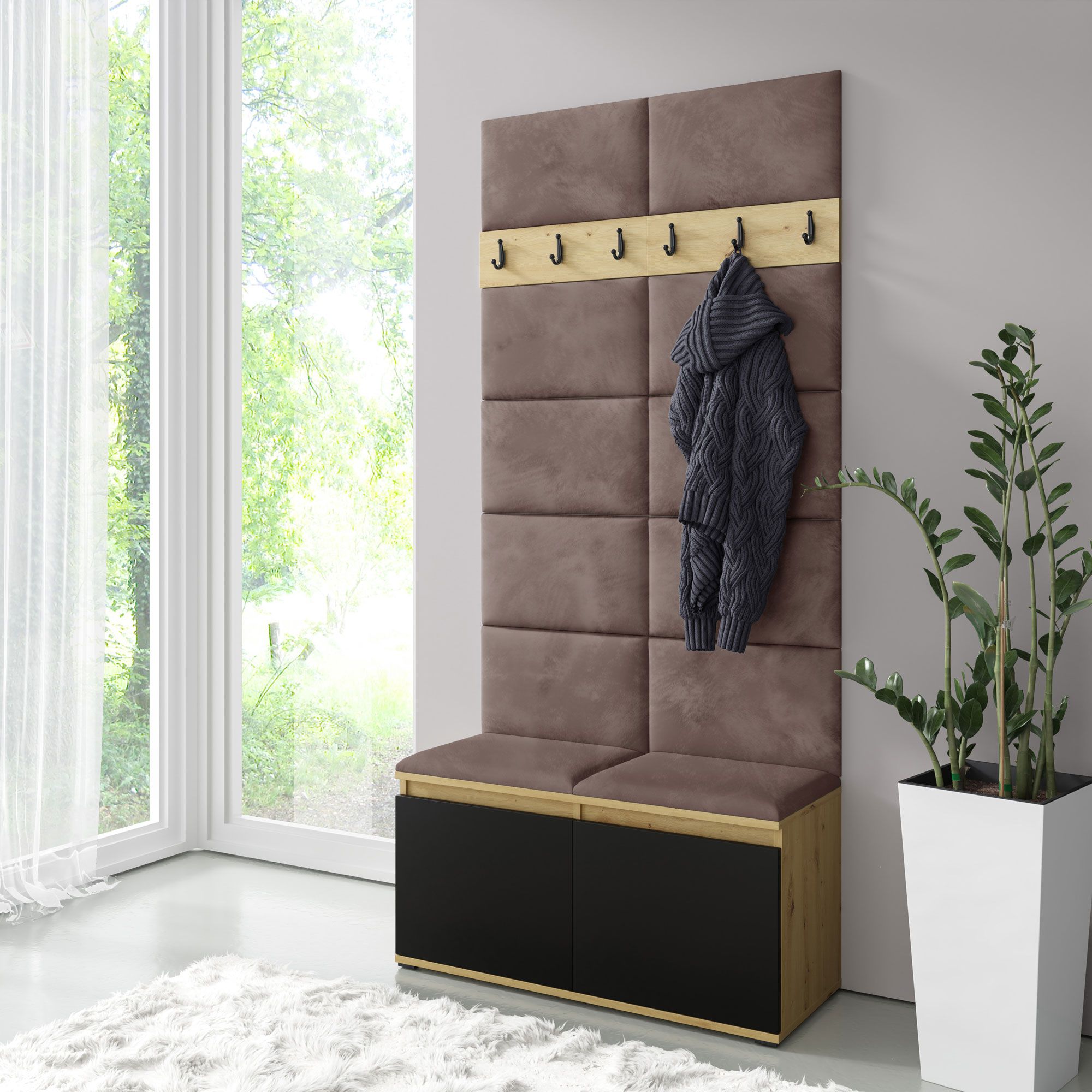 1 Meter breite Garderobe 01 mit gepolsterter Sitzbank | Artisan/Schwarz/Cacao | 215 x 100 x 40 cm | für 8 Paar Schuhe | 6 Kleiderhaken | 4 Fächer