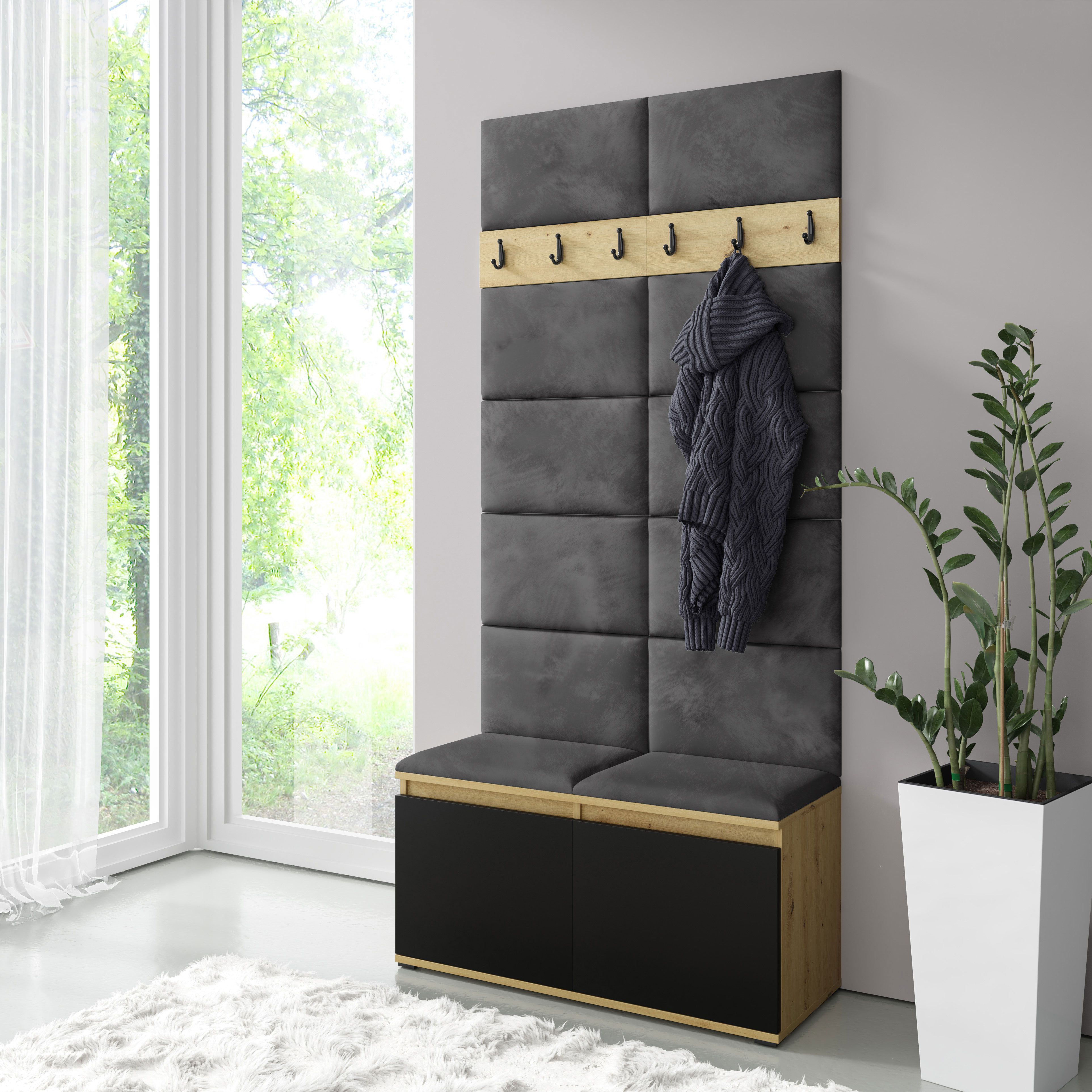 1 Meter breite Garderobe 01 mit Sitzbank/Wand gepolstert, Artisan/Schwarz/Light Black, 15 x 100 x 40 cm, für 8 Paar Schuhe, 6 Kleiderhaken, 4 Fächer