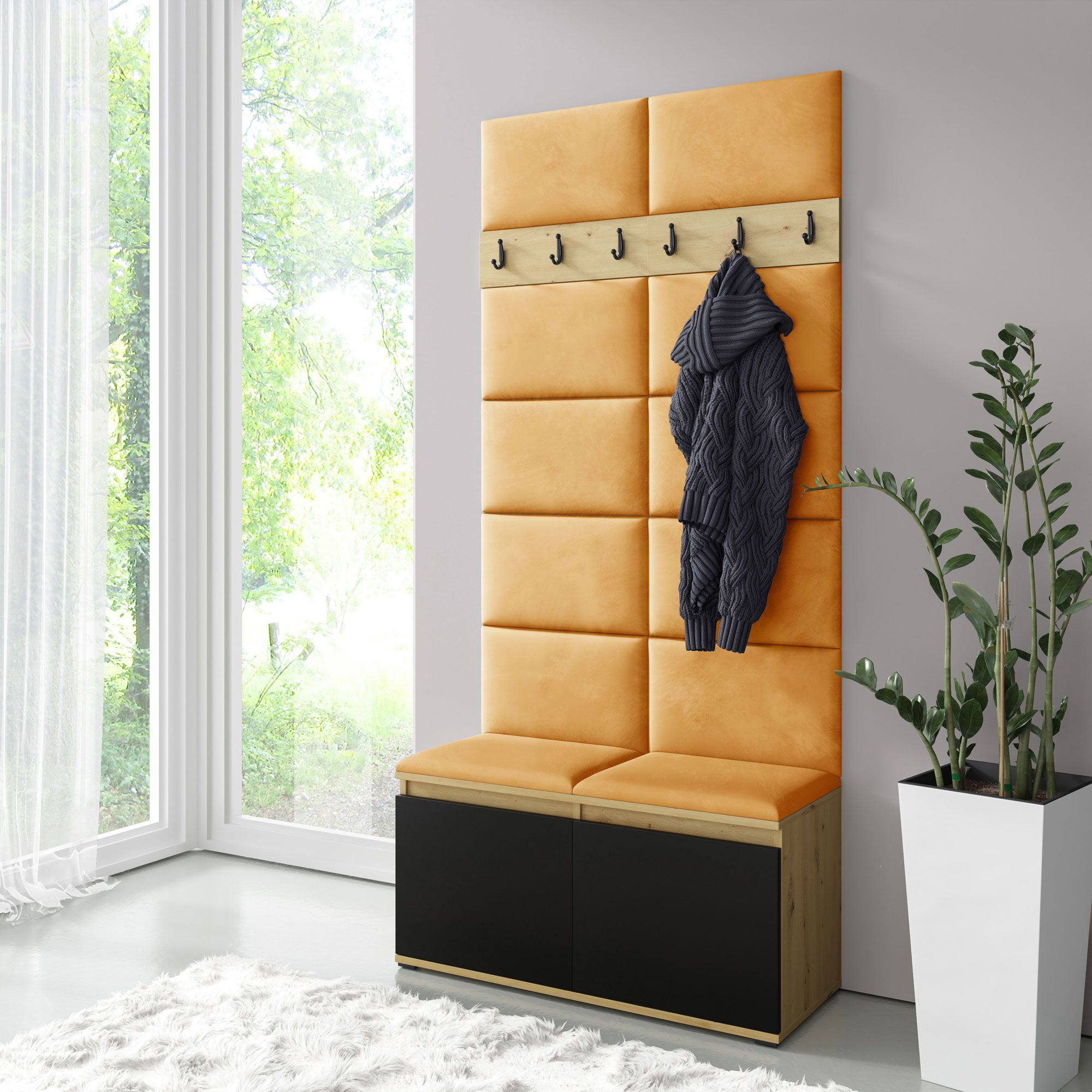 Garderobe 01 mit 6 Kleiderhaken und Schuhschrank, Artisan/Schwarz/Amber, 215 x 100 x 40 cm, für 8 Paar Schuhe, 4 Fächer, Sitzbank/Wand gepolstert