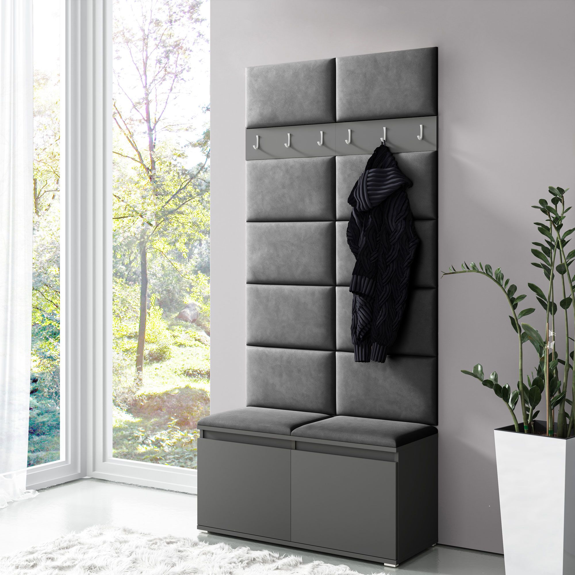 Kleine Garderobe 01 mit Schuhschrank für 8 Paar Schuhe, Graphit/Light Black, 215 x 100 x 40 cm, 6 Kleiderhaken, Polsterpaneele für Sitzbank und Wand