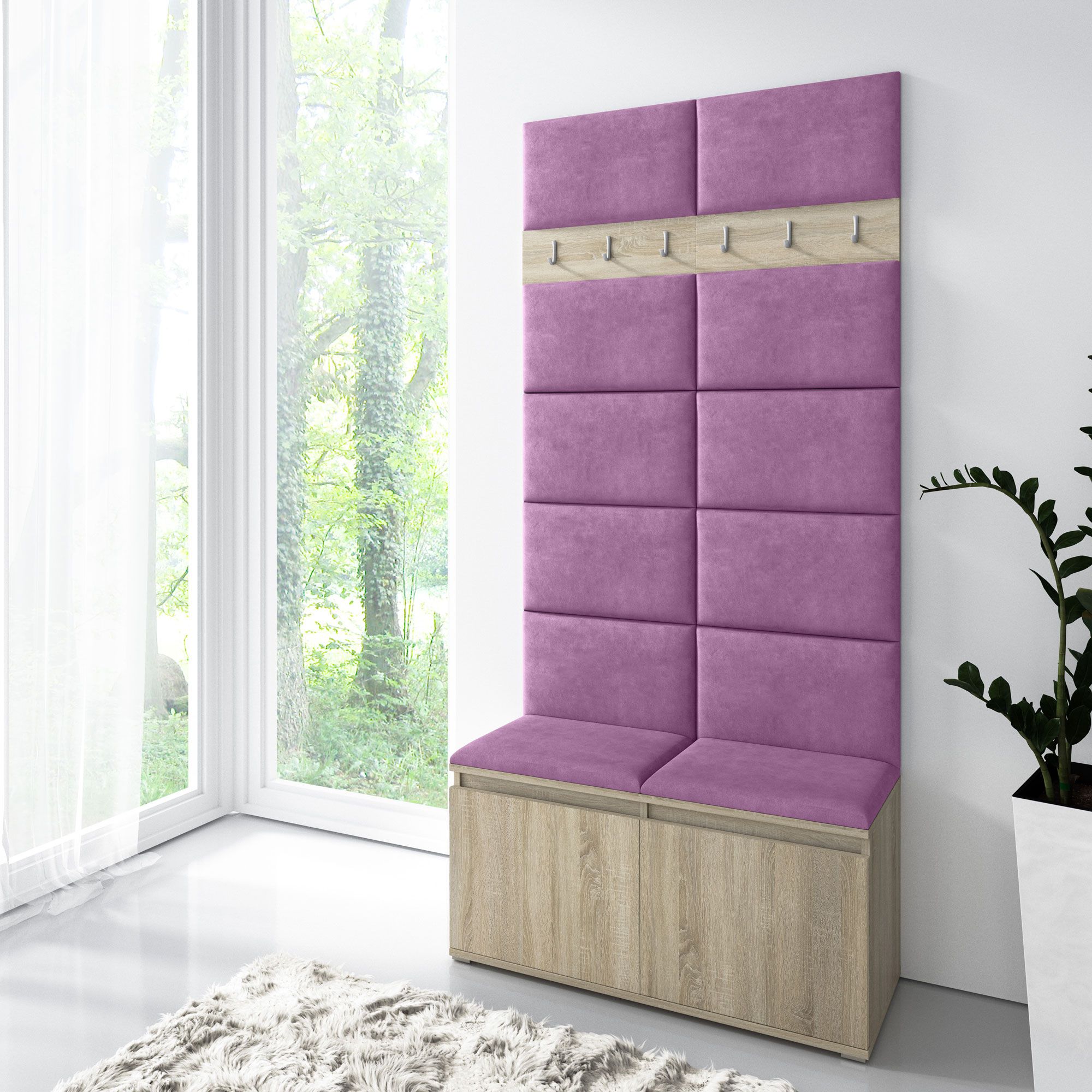 Garderobe 01 für Vorraum mit Schuhschrank für 8 Paar Schuhe, Sitzbank/Wand gepolstert, Sonoma Eiche/Purple, 215 x 100 x 40 cm, 6 Kleiderhaken, 4 Fächer