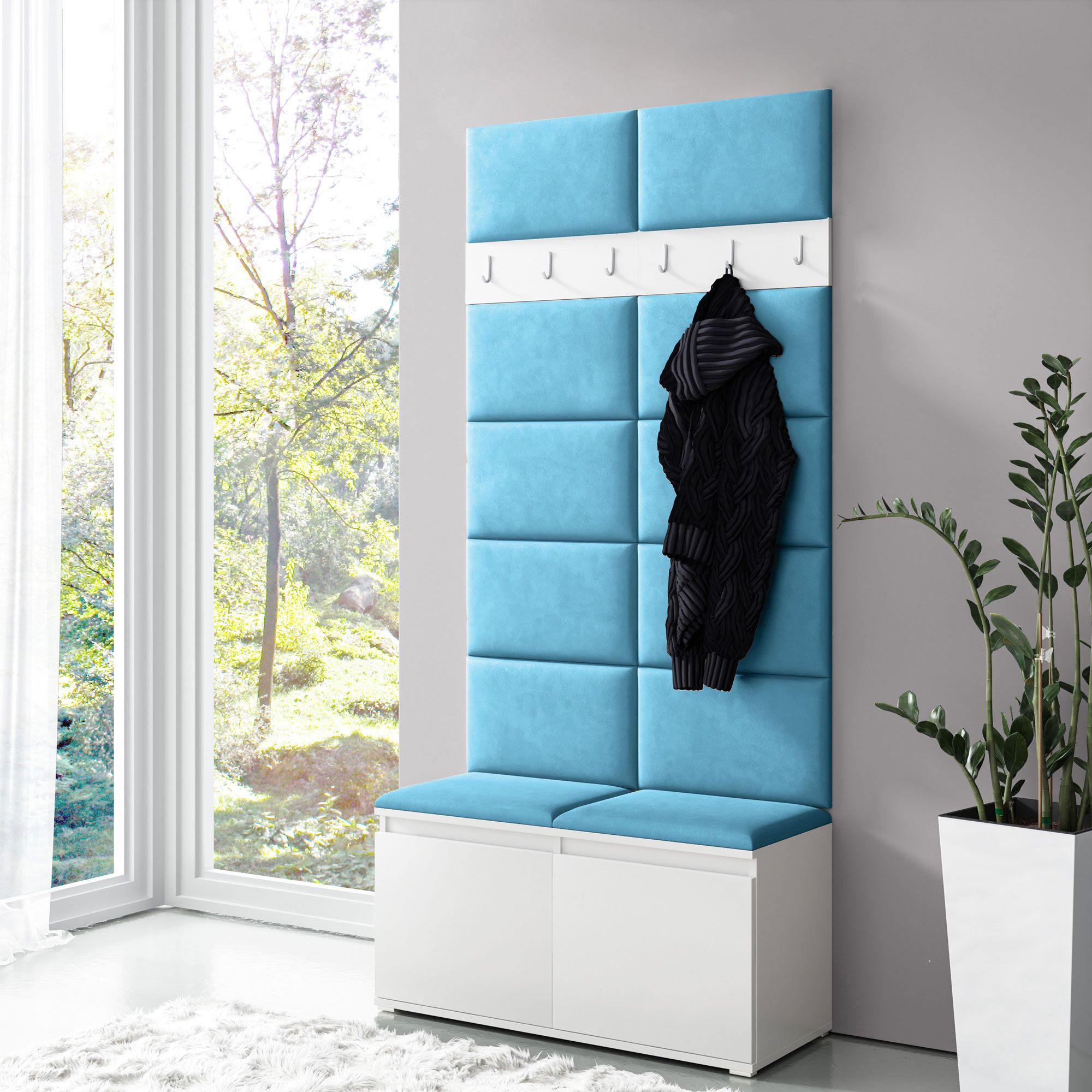 1 Meter breite Garderobe 01 mit Türkisen Polsterpaneele für Sitzbank und Wand, Weiß/Turquoise, für 8 Paar Schuhe, 6 Kleiderhaken, 4 Fächer, Schuhschrank