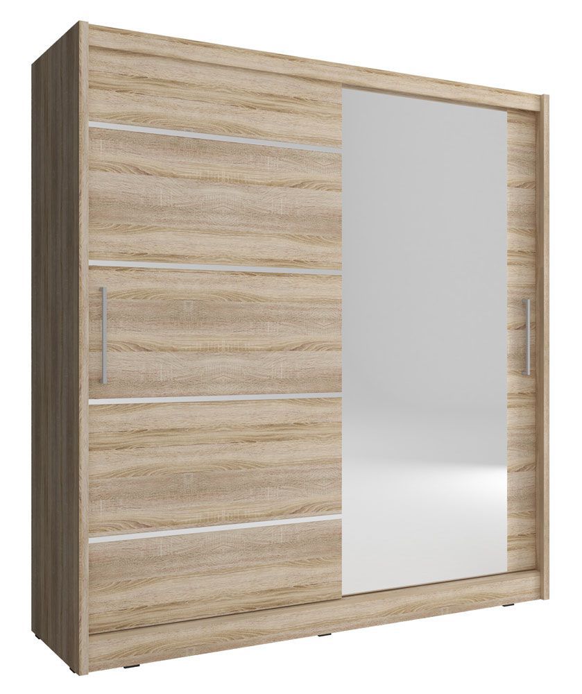 Eleganter Schwebetürenschrank mit fünf Fächern Warbreck 24, Farbe: Eiche Sonoma - Abmessungen: 200 x 180 x 62 cm (H x B x T)