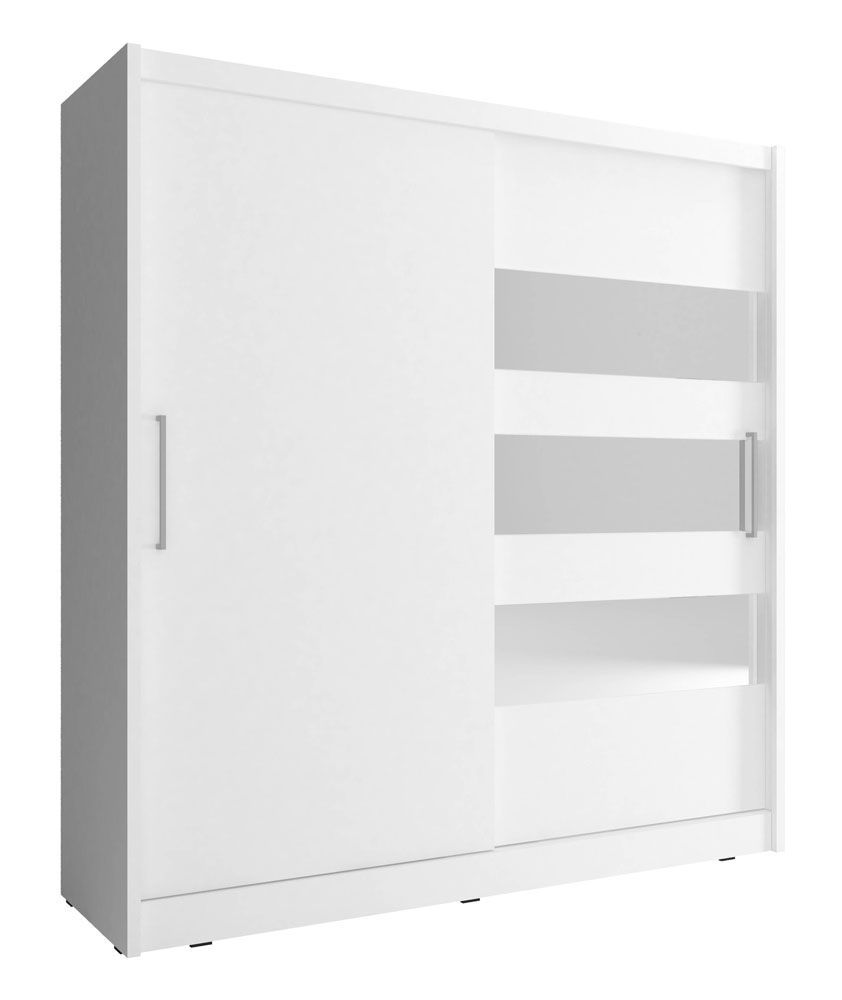 Neutraler Schwebetürenschrank mit drei Spiegelstreifen Warbreck 44, Farbe: Weiß - Abmessungen: 214 x 200 x 62 cm (H x B x T)