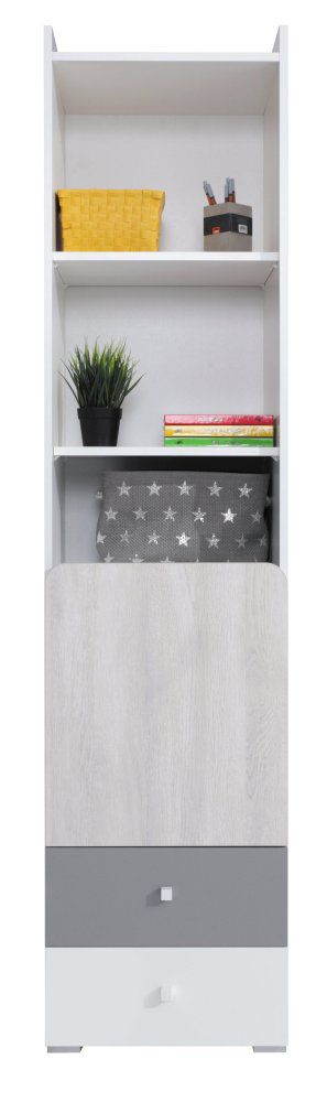 Jugendzimmer - Schrank Floreffe 06, Farbe: Weiß / Eiche weiß / Grau - Abmessungen: 190 x 45 x 40 cm (H x B x T)