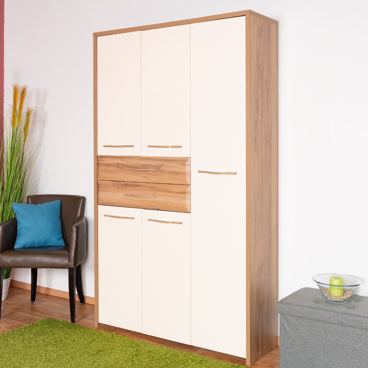 Drehtürenschrank / Kleiderschrank Gataivai 22, Farbe: Beige Hochglanz / Walnuss - 192 x 114 x 36 cm (H x B x T)