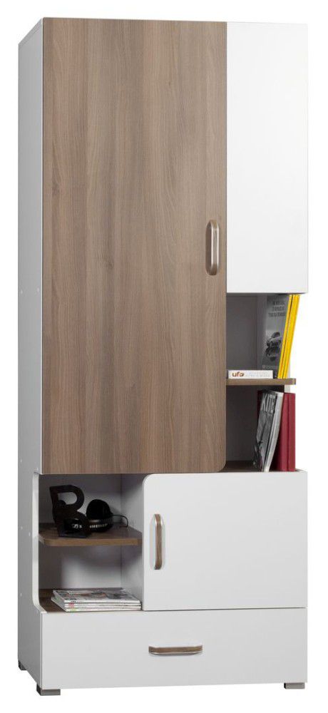 Schrank Bulolo 23, Farbe: Weiß / Nuss - Abmessungen: 198 x 80 x 38 cm (H x B x T)