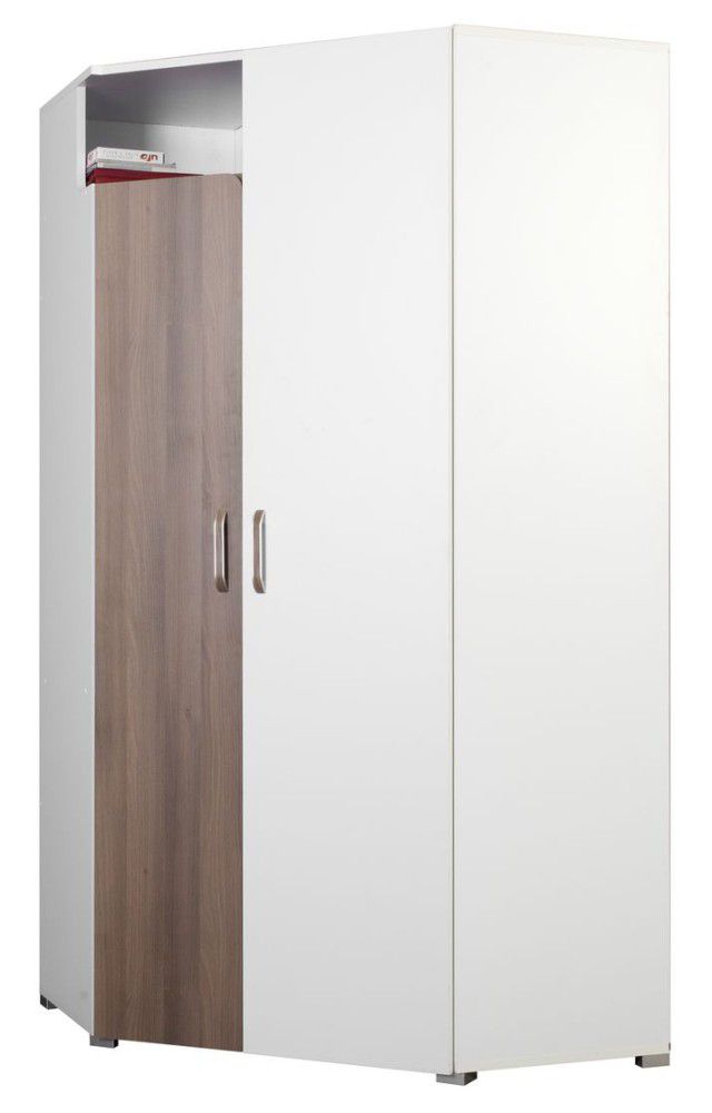 Drehtürenschrank / Eckkleiderschrank Bulolo 20, Farbe: Weiß / Nuss - Abmessungen: 198 x 100 x 100 cm (H x B x T)