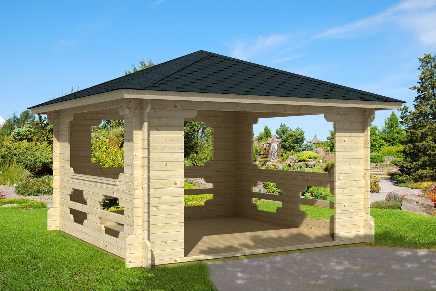 Pavillion Lugauer - 70 mm Blockbohlen, Grundfläche: 14,4 m², Zeltdach