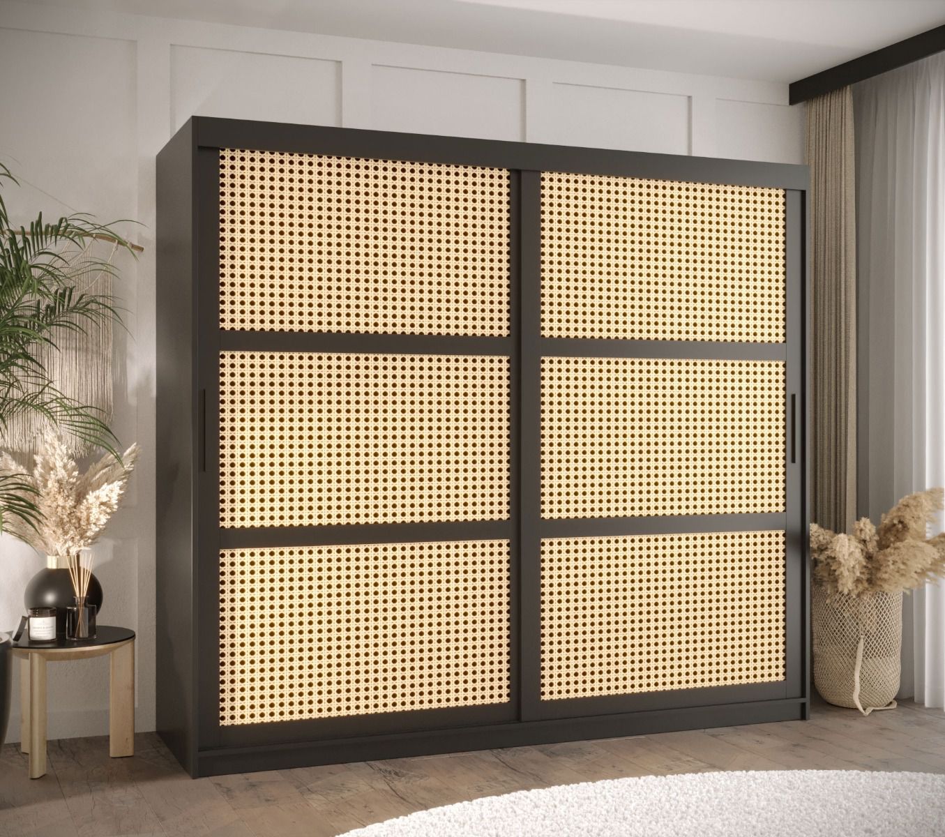 Schiebetürenschrank mit genügend Stauraum Kasbek 10, Schwarz Matt, Maße: 200 x 200 x 62 cm, 10 Fächer, 2 Kleiderstangen, Griffe: Schwarz